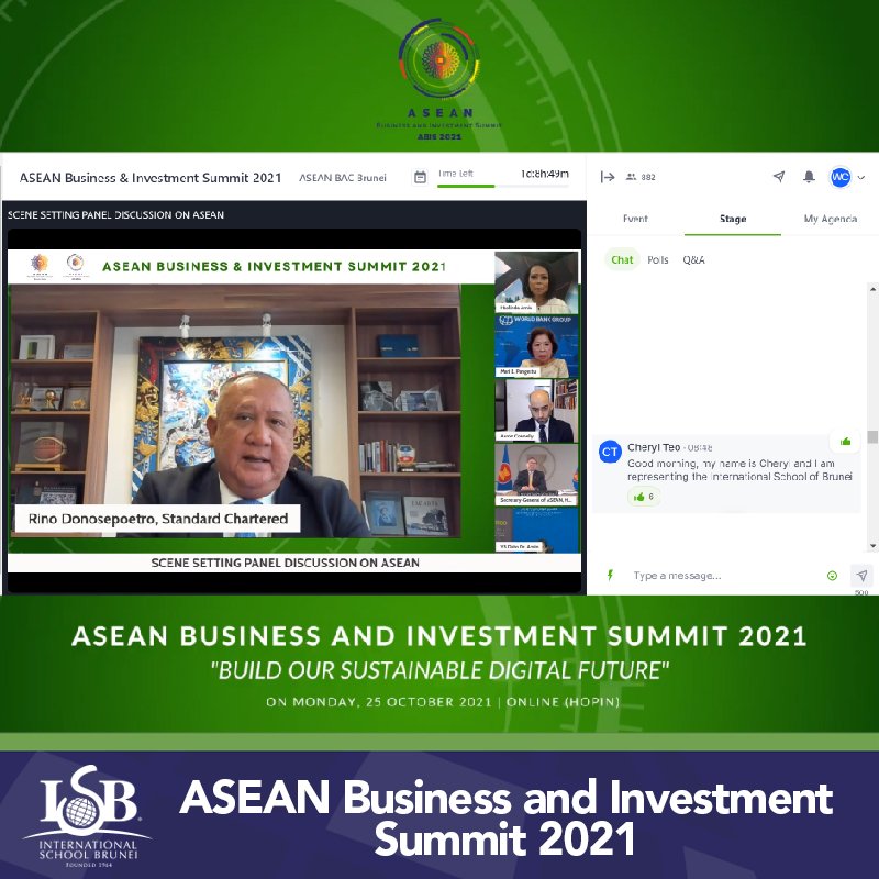 isb_brunei's tweet photo. An ISB delegation of Y11, Y12&amp; Y13 students attended the virtual ASEAN Business and Investment Summit 2021. In light of the COVID-19 outbreak, the topic for this year’s discussion is ‘Building Our Sustainable Digital Future’. 
#ASEANBIS #ASEAN
https://t.co/X6XrFA8EwA https://t.co/hGWozbPtsD