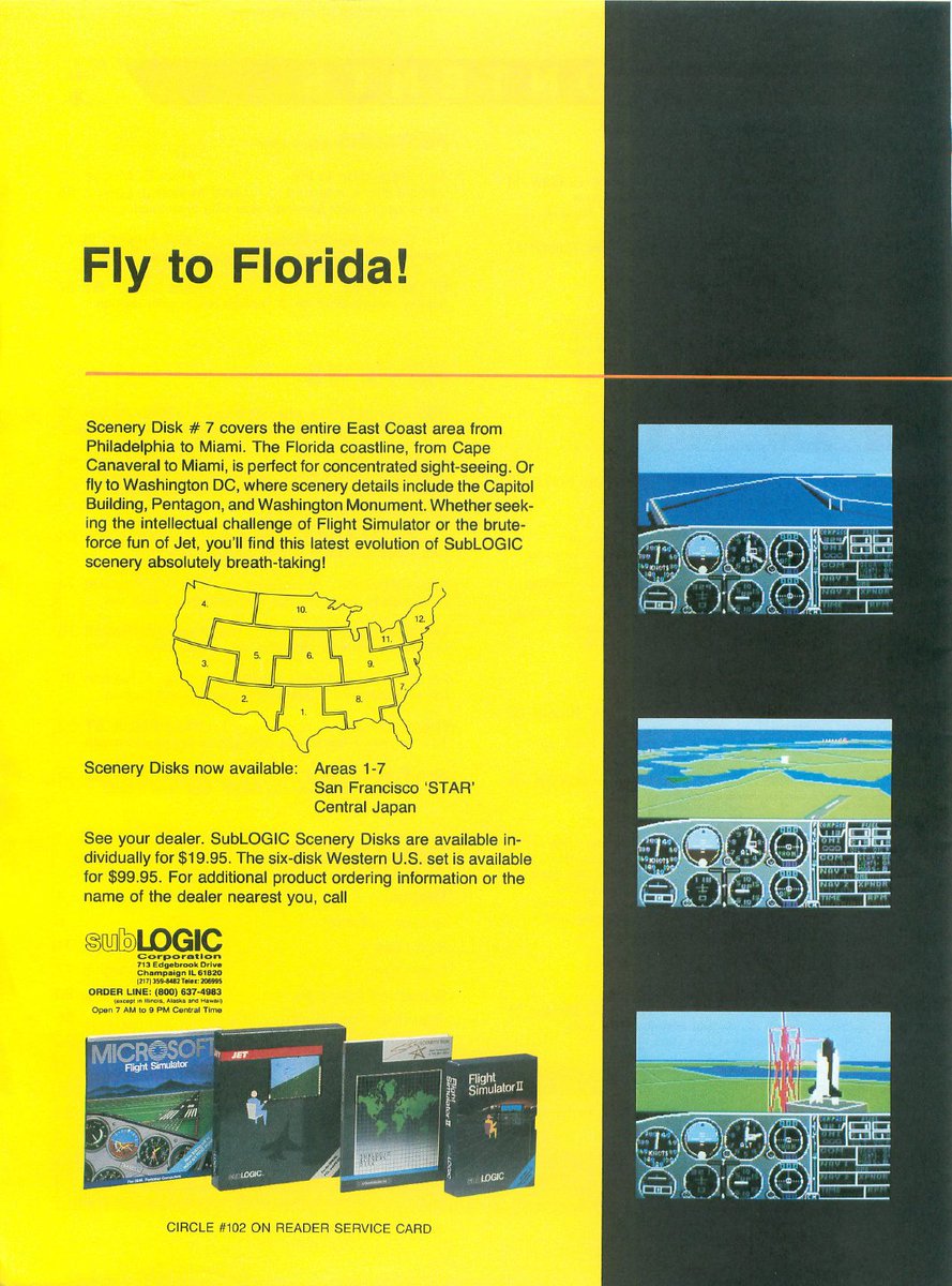 TakodanTweets's tweet photo. 1987 advert for 'Flight Simulator' and scenery disk #7 by #SubLogic on #PC https://t.co/Q1GXNrN4ii