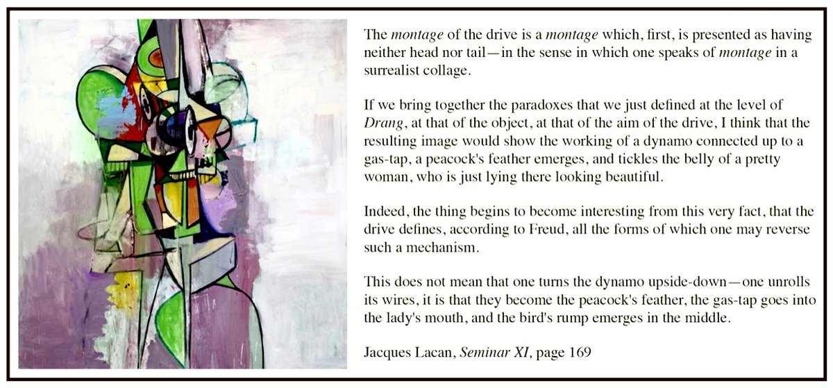 ... the resulting image would show the working of a dynamo connected up to a gas-tap, a peacock’s feather emerges, and tickles the belly of a pretty woman, who is just lying there looking beautiful. Jacques Lacan, last Saturday in Dan Collins' seminar: https://t.co/5nP7sCLT0r https://t.co/fZBdZDvJUb