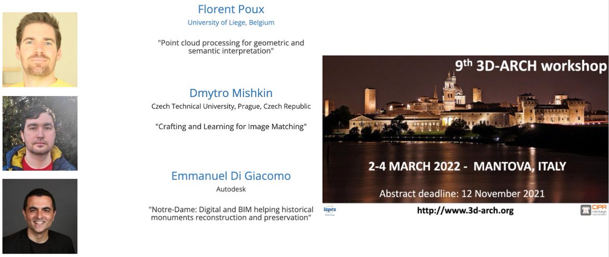 3DOMFBK (@3domfbk) on Twitter photo 3d-arch.org
invited speakers
<a href="/PouxPointCloud/">PouxPointCloud</a>: Point cloud processing for geometric & semantic interpretation
<a href="/ducha_aiki/">Dmytro Mishkin 🇺🇦</a>: Crafting & Learning for Image Matching
E. Di Giacomo: Notre-Dame: Digital & BIM helping historical monuments reconstruction & preservation
#3D #AI 3d-arch.org
invited speakers
<a href="/PouxPointCloud/">PouxPointCloud</a>: Point cloud processing for geometric & semantic interpretation
<a href="/ducha_aiki/">Dmytro Mishkin 🇺🇦</a>: Crafting & Learning for Image Matching
E. Di Giacomo: Notre-Dame: Digital & BIM helping historical monuments reconstruction & preservation
#3D #AI