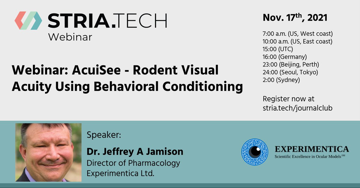 Stria_Tech's tweet photo. #Striatech's next Webinar is coming up on Nov 17th. This time we welcome Dr. Jeff Jamison, the developer of our new product #AcuiSee!
Get more info here: https://t.co/8adnsVkpAS
#RatModel #MouseModel  #optometry #vision https://t.co/SD0Wlt9X9N