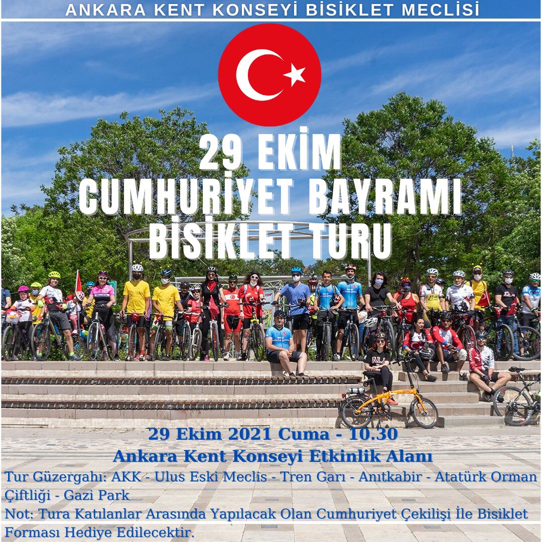 Kıymetli Ankaralılar ve Bisiklet Meclisinin Değerli Üyeleri
Cumhuriyet Bayramımızın 98. Yılı Anısına Düzenleyecek olduğumuz "29 Ekim Cumhuriyet Bayramı Bisiklet Turuna" sizleri de bekliyoruz. <a href="/ank_kentkonseyi/">Ankara Kent Konseyi</a> <a href="/halilibrahimy_/">Halil İbrahim YILMAZ</a> <a href="/Bisiklet_Ankara/">Ankara Kent Konseyi Bisiklet Meclisi</a> <a href="/kadirispirli/">KADİR İSPİRLİ</a> #29EkimCumhuriyetBayramı