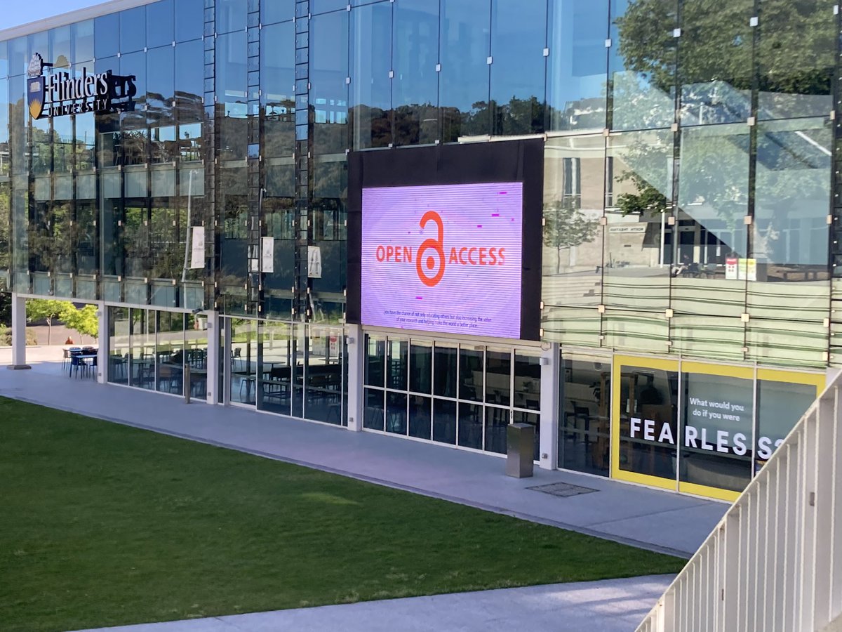 Dr Danny Kingsley (she/her) (@dannykay68) on Twitter photo EXCITING! We have commandeered the ‘Big Screen’ at <a href="/Flinders/">Flinders University</a> to share multiple videos about OA for #OAWeek2021 and it worked!! EXCITING! We have commandeered the ‘Big Screen’ at <a href="/Flinders/">Flinders University</a> to share multiple videos about OA for #OAWeek2021 and it worked!!