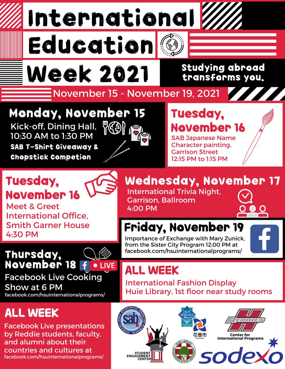 HSU_SEC's tweet photo. Three important weeks full of food, fun, and friends are coming up, Reddies!!
Mark your calendars and make plans to join us
#LiveReddie #SpoOktober #BOTR2021 #IEW2021 https://t.co/6j3nJdyjJe