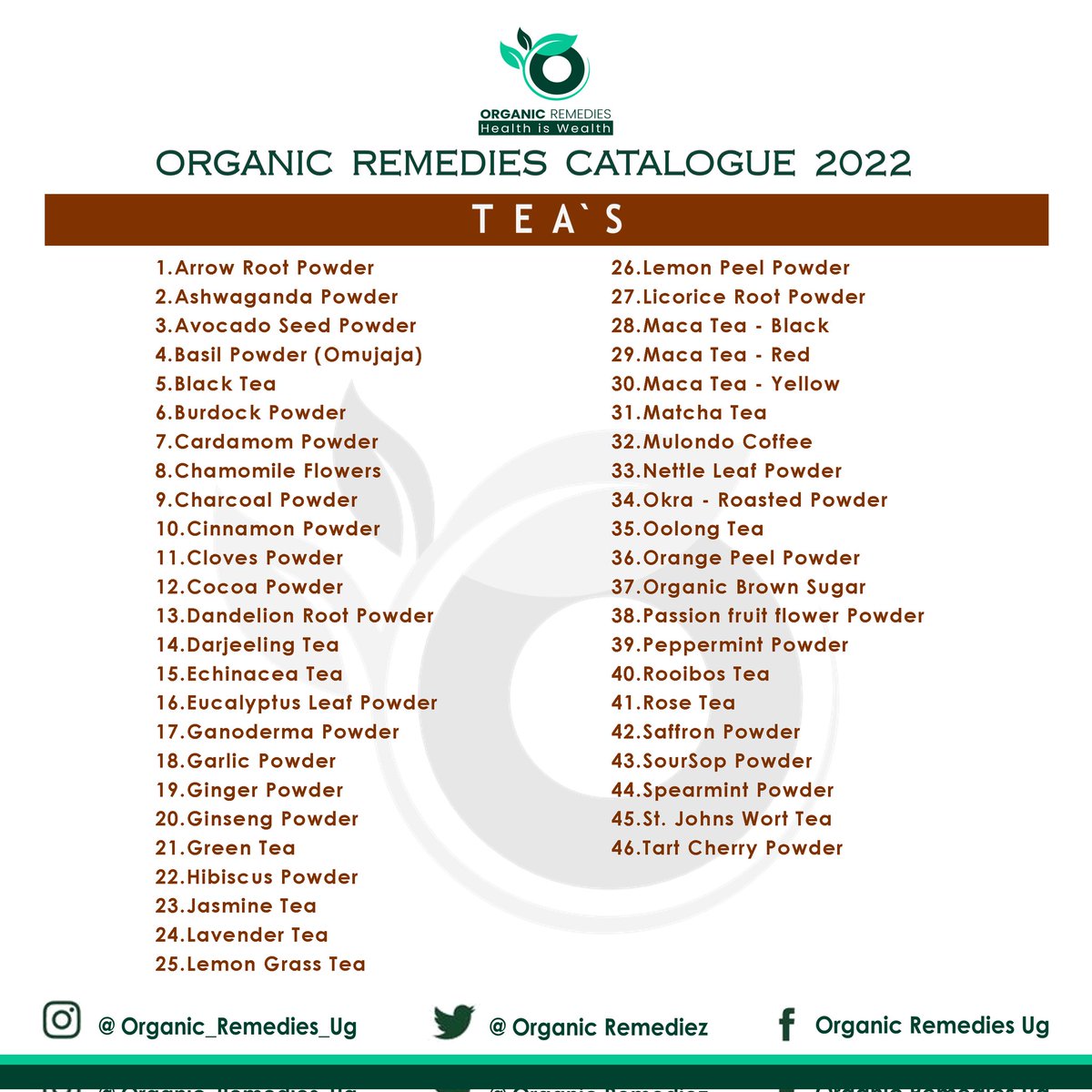 "Organic Remedies Catalogue"
For all organic remedies across the board (Spices, Herbs, Essential Oils, Teas, Formulas.. &amp; much more to come)

#HealthIsWealth #OrganicRemediesUg #OrganicRemedies #organic #health #spices #herbs #essentialoils #teas #formulas #coloncleansing