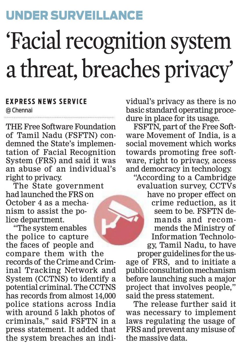 FSFTamilnadu's tweet image. Our recent Press Release regarding the "Privacy Concerns in Facial Recognition System" launched in Tamil Nadu, has been covered in "The New Indian Express" Newspaper today.

Thanks - @NewIndianXpress

newindianexpress.com/states/tamil-n…

#RightToPrivacy #FSFTN #DigitalDemocracy