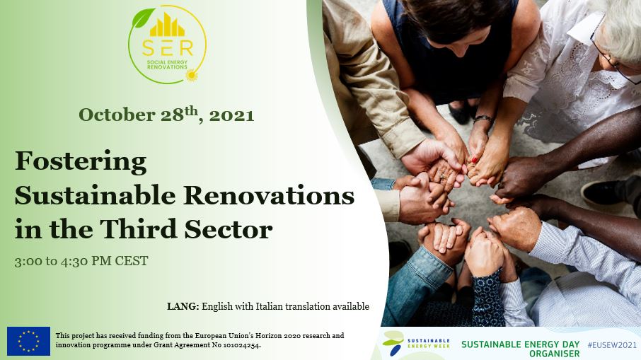 💻Join us &amp; our project partners as we exchange experiences on how to foster sustainable renovations in the built environment, with a focus on the third sector.

Register here 👉🏻 forms.gle/Q9JfKuzQhqjbY3…

 #SustainableRenovation #ThirdSector #EUSEW2021 #Italy #Europe