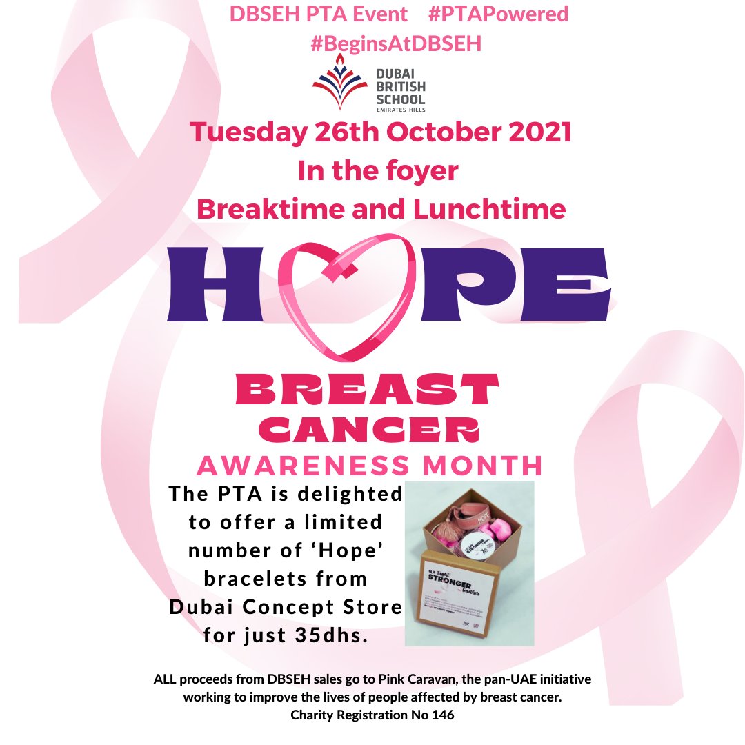 DubaiBritishEH's tweet photo. Don't forget tomorrow's sale in aid of Pink Caravan (Charity Registration No 146). Bracelets are available for 35dhs during breaktime and lunchtime on Tuesday 26 October. Please support this amazing organisation! #BeginsAtDBSEH #PTAPowered https://t.co/5nrXBs0i0w