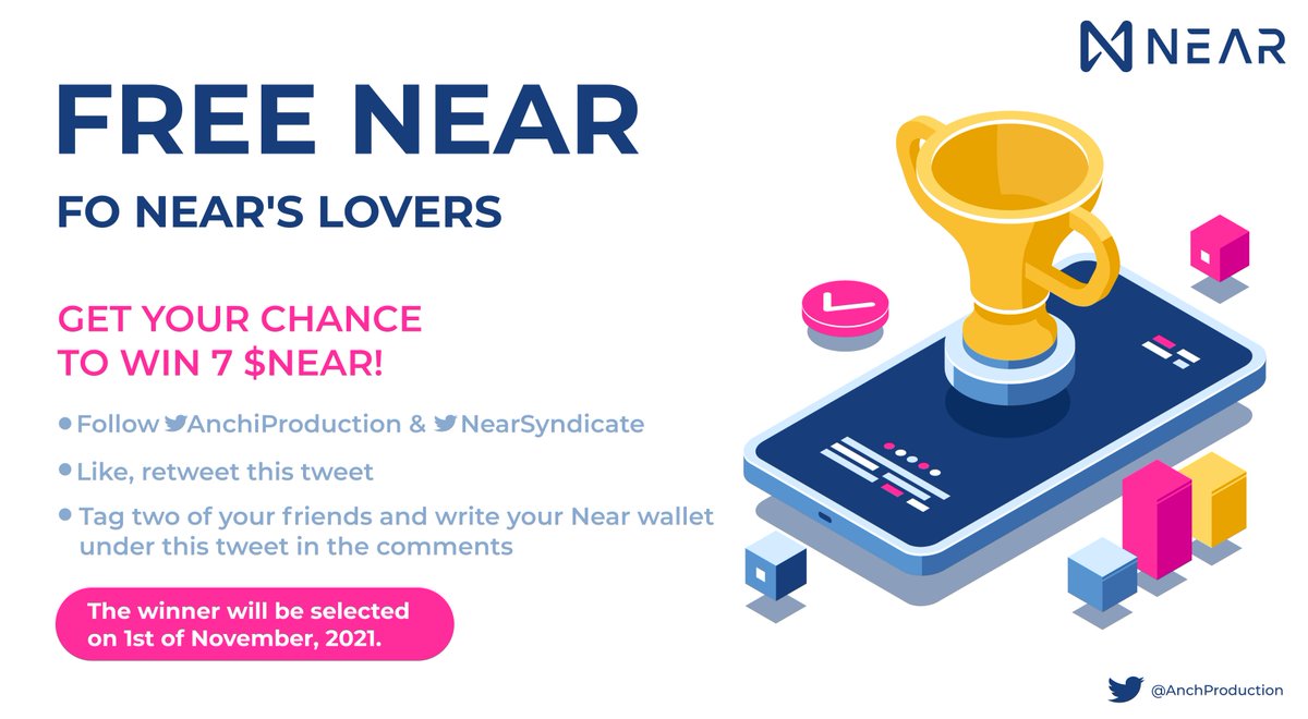 AnchikovProd's tweet photo. Free NEAR fo NEAR's lovers! 🖤

Get your chance to win 7 $NEAR
✅ Follow @AnchiProduction &amp; @NearSyndicate 
✅ Like, retweet this tweet
✅ Tag two of your friends and write your Near wallet under this tweet in the comments

🔔The winner will be selected on 1st of November, 2021. https://t.co/4Cw1hfdSOO