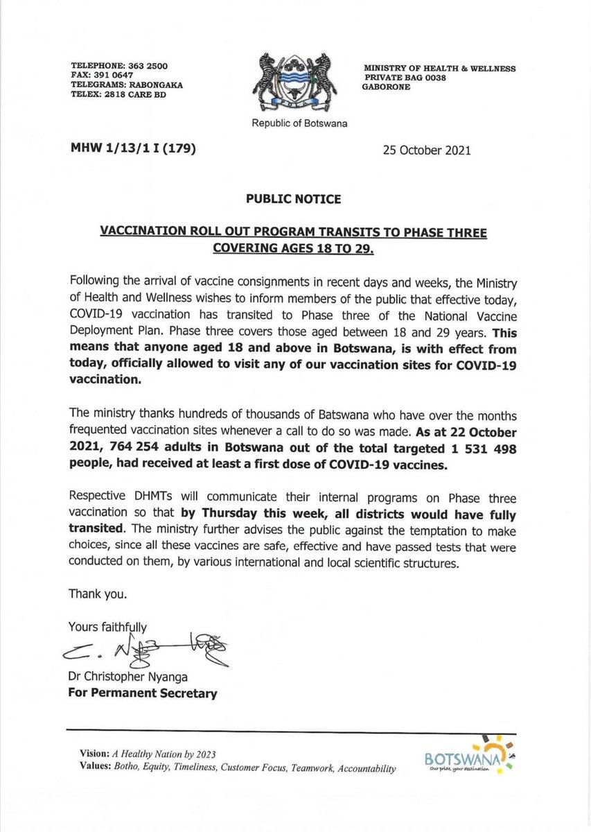BWGovernment's tweet photo. VACCINATION ROLL OUT PROGRAM TRANSITS TO PHASE THREE COVERING AGES 18 TO 29 https://t.co/hHYpH9o0sq