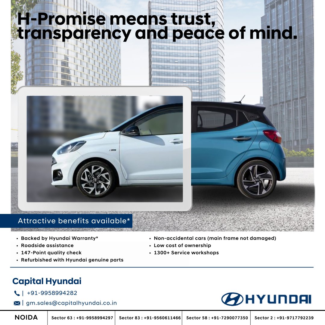 capital_hyundai's tweet photo. H-promise – a promise we intend to keep.

Buy your next Hyundai with complete assurance and peace of mind.

Book now!
.
.
.
#CapitalHyundai #DigitalExchangeCarnival #HPromise #HyundaiNoida #HyundaiIndia #ExchangeOldCar #BuyHyundai #TestDriveHyundai #BookHyundai https://t.co/kpUoWrO60c