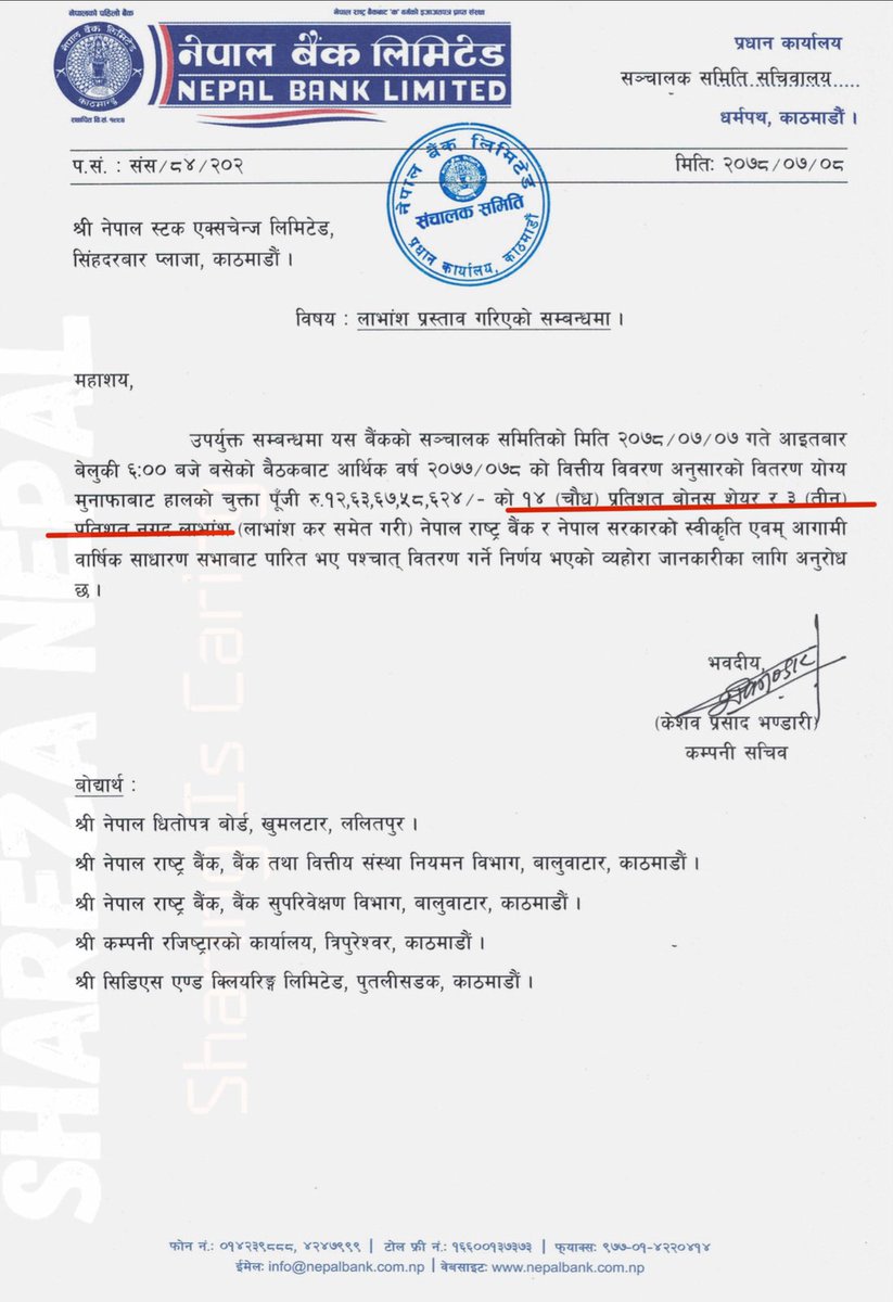 sharezanepal's tweet photo. Nepal Bank Limited had declare 14% bonus share and 3% Cash dividend to its shareholder.🎉
Click The Image To Get In Better Quality 🙏
#nepse #nepseyhussle #nepsenews #nepsetrader #nepseupdates #nepsekhabar #nepseanalysis #nepsedailyupdate #nepseindex #nepsetrading https://t.co/yzBa01K2cL
