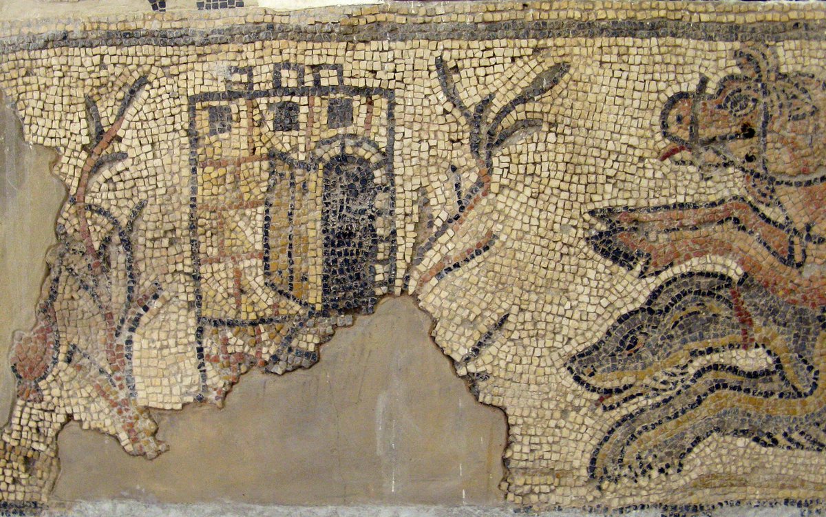 romanarchaeouk's tweet photo. A hunter snatches a cub and races towards the safety of a tiny tower with his enormous hound, chased by the cub's mother: a scene in the border of a now fragmentary #mosaic from the nave of the three-aisled Central Church in #Cyrene in #Libya #RomanLibya #MosaicMonday https://t.co/2ZrbnbHdCJ