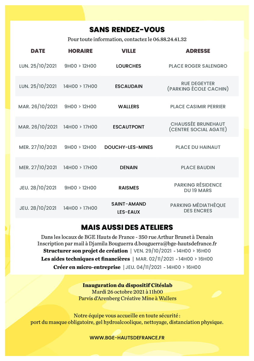 🏭 𝗘𝗻𝘃𝗶𝗲 𝗱'𝗲𝗻𝘁𝗿𝗲𝗽𝗿𝗲𝗻𝗱𝗿𝗲 ?
Le Bus de la Création d'Entreprise vient à votre rencontre !
🔹Ce Mardi 26 Octobre de 9h à 12h
▶Place Casimir Périer. 
ℹ Plus d'informations sur :
 bge-hautsdefrance.fr