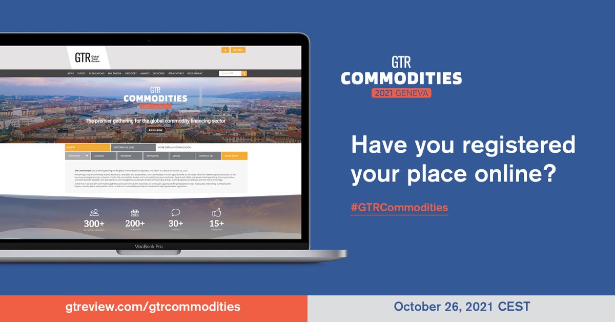 gtreview's tweet photo. Are you ready? GTR Commodities 2021 starts tomorrow in Geneva! Enjoy high quality networking, connecting with experts, industry peers and potential clients.
Secure your place: https://t.co/8dH82ytHnz
#GTRCommodities #TradeFinance #CommodityFinance #SustainableTrade #October2021 https://t.co/ZVwW6QfxBx