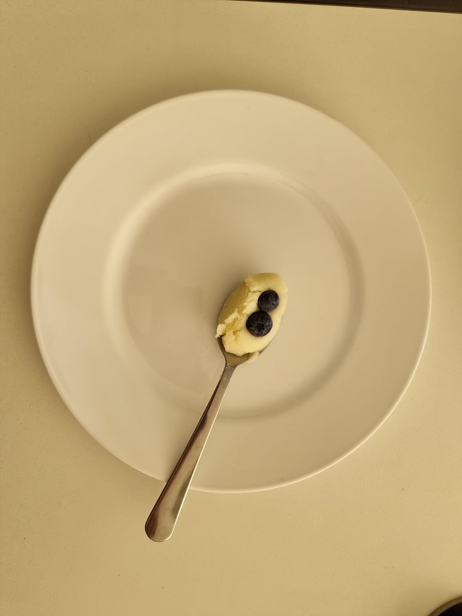 meezums's tweet photo. Delicately boiled potato repeatedly beaten, gently topped with blueberries served on big plate for max effect #michelinchef #degustation https://t.co/02AJx09wPa