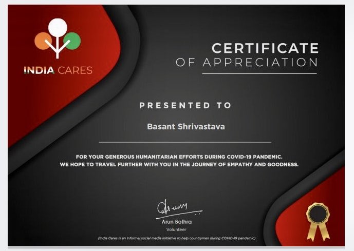 BASANTBASU's tweet photo. 😍 I am overwhelmed to receive this priceless appreciation. ✨
Thank you @arunbothra Sir and Team @indiacares_2020 🙏 😊
#CaresForAll #IndiaCares ♥️
#JaiHind 🇮🇳🙋‍♂️

Regards, https://t.co/jQozTSBowz