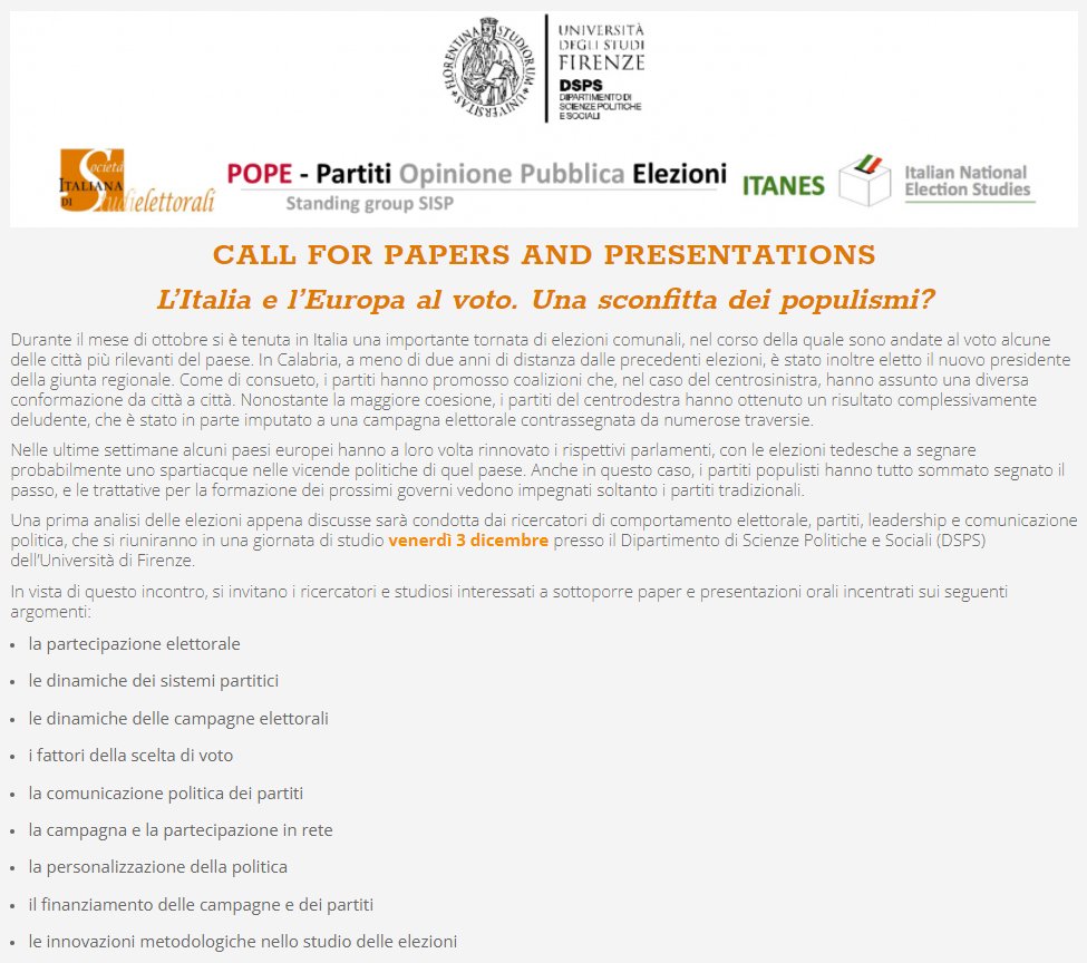 RISP Ita PolSc Rev (@ita_polsc_rev) on Twitter photo Call for papers & presentations❗
<a href="/StudiElettorali/">Società Italiana di Studi Elettorali (SISE)</a> seminar on local elections in Italy
📌 3 December 2021 in Florence, <a href="/UNI_FIRENZE/">Università di Firenze</a> 🇮🇹
Send your abstract to segreteria@studielettorali.it
DEADLINE: 25 November 2021 ⌛⏳
<a href="/_itanes/">Itanes</a> #POPE
More info here ➡️ ow.ly/ROGF50Gx5RT Call for papers & presentations❗
<a href="/StudiElettorali/">Società Italiana di Studi Elettorali (SISE)</a> seminar on local elections in Italy
📌 3 December 2021 in Florence, <a href="/UNI_FIRENZE/">Università di Firenze</a> 🇮🇹
Send your abstract to segreteria@studielettorali.it
DEADLINE: 25 November 2021 ⌛⏳
<a href="/_itanes/">Itanes</a> #POPE
More info here ➡️ ow.ly/ROGF50Gx5RT