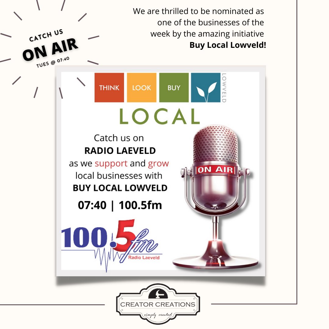 CreatorCreate's tweet image. Catch us live on air as we have our interview on Radio Laeveld as one of the businesses of the week nominated by the amazing initiative - Buy Local Lowveld! This week Tues 07:40 !

Radio Laeveld: radiolaeveld.co.za 
Buy Local Lowveld: buylocallowveld.co.za