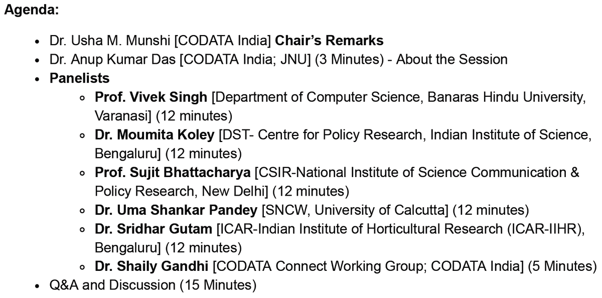 CODATA_India's tweet photo. Join the #SCIDATACO21 Session "#ResearchData and #FAIRData Framework in the Context of #India's #STIP2021: The Way Forward"
26 Oct at 16:30 IST
Our Panelists:
@Vivekks12 @Moumita48214112 @b_Sujit1965 @USPindia @SridharGutam @ShailyGandhi @AannuuppK
Join: https://t.co/LKnkmtlC2p https://t.co/yWFxmUXcR4