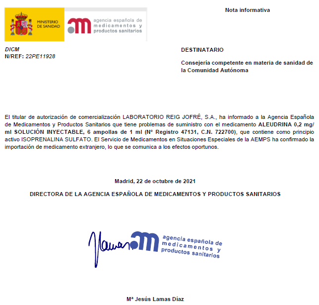 FarmaciAPMalaga's tweet photo. Informa @AEMPSGOB del #Desabastecimiento de ALEUDRINA 0,2 mg/ml, 6 ampollas (C.N. 722700). Se habilita su solicitud por #Medicamentos_Extranjeros. https://t.co/r3EttnBKFF
