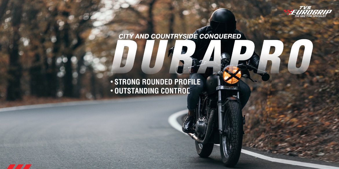 TVSEurogrip's tweet photo. #Durapro is suitable for mixed road application. Its optimized tread pattern & strong frame offer great control over your bike. Excellent corner grip & strong casing also complement its dynamic nature.
#TVSEurogrip #TameTheTurns #TheBikeTyreSpecialist https://t.co/gXf2R0zNIE