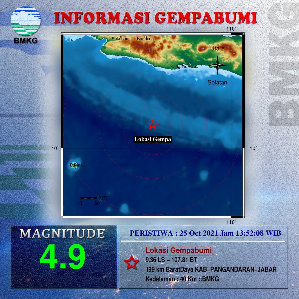 bmkgwilayah2's tweet image. Update Info Gempa Mag:4.9, 25-Oct-21 13:52:08 WIB, Lok:9.36 LS - 107.81 BT (199 km BaratDaya KAB-PANGANDARAN-JABAR), Kedlmn: 40 Km ::BMKG