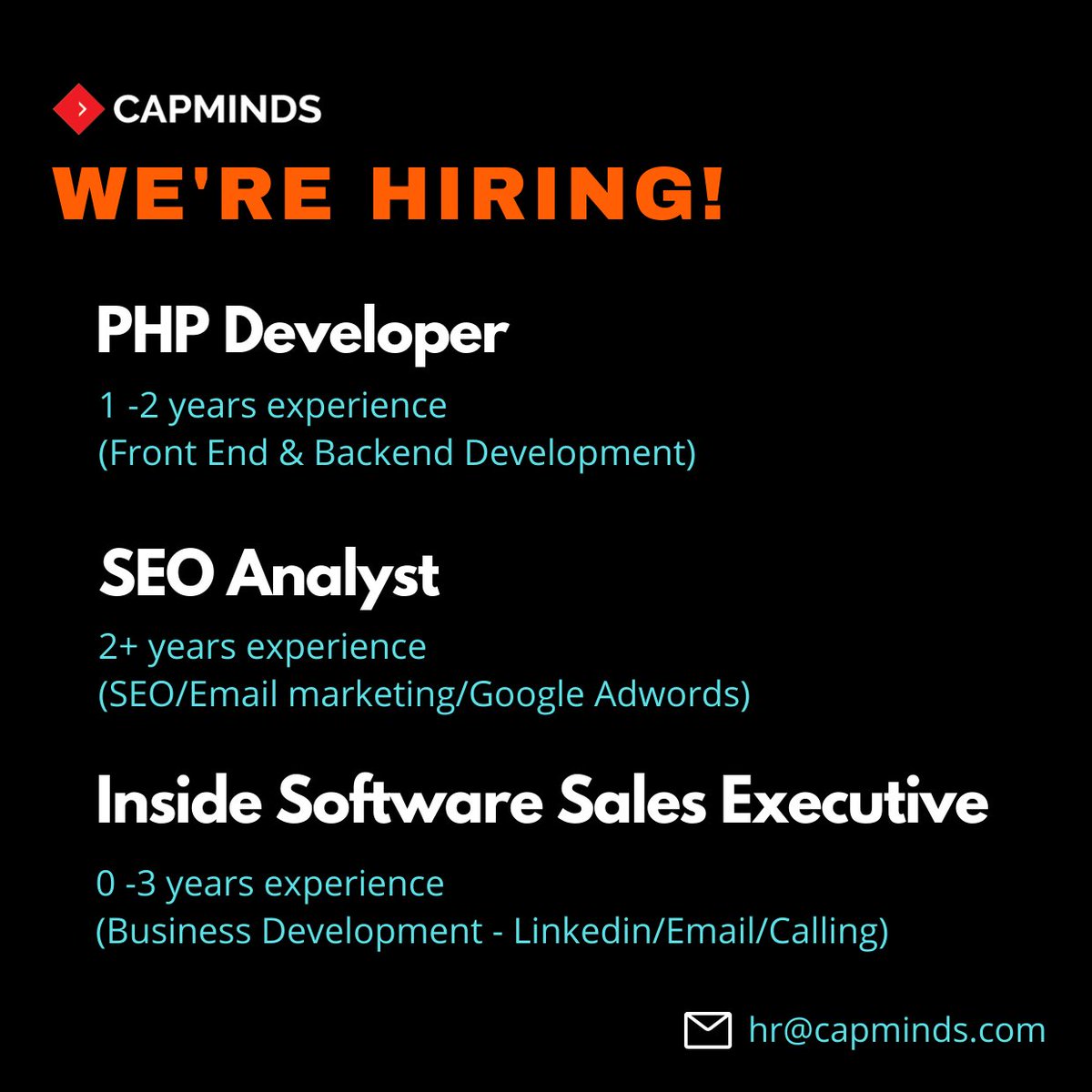 CapMinds's tweet photo. Interested applicants are requested to share their resume to hr@capminds.com
#phpjobs #phpdeveloper #phpwebdevelopment #php #seoanalyst #sales #digitalmarketing #USshift #telesales #hiringimmediately #jobsearchers #recruitingnow #recruitment2021 #jobhiring #jobalerts https://t.co/E6vUt4NGjz