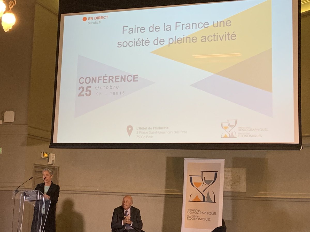 Ouverture de la conférence de la chaire #TDTE par ⁦<a href="/Elisabeth_Borne/">Élisabeth BORNE</a>⁩ et @JeanHervéLorenzi sur le thème de l’insertion des jeunes dans le monde du travail, l’accompagnement des seniors et la préparation de la #retraite #UMR ⁦<a href="/JeanneauEric/">Éric Jeanneau</a>⁩