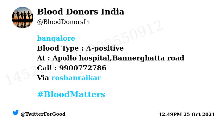 #SOS
#Bangalore
Need #Blood Type :  A-positive
Blood Component : blood
Number of Units : 4
Primary Number : 9900772786
Illness : bypass surgery
Via: <a href="/roshanraikar/">Roshan Raikar</a>
#BloodMatters
Powered by Twitter
