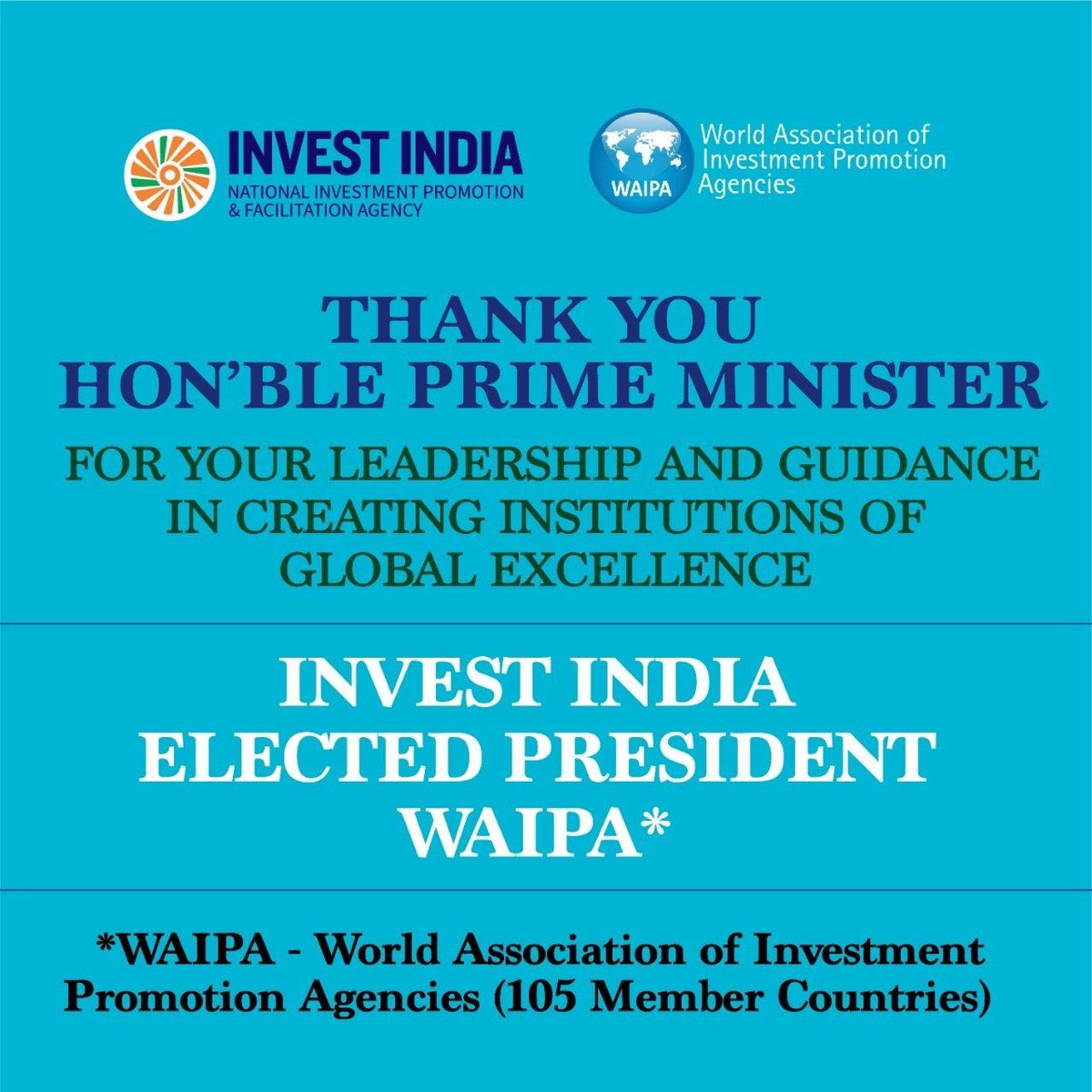 AnupriyaSPatel's tweet photo. Congratulations @InvestIndia for winning the WAIPA presidency. It is a moment of pride for everyone to see India rising on the world stage. This has been possible under PM @narendramodi ’s exemplary vision &amp; leadership. @CimGOI https://t.co/nXUkW2zL7p