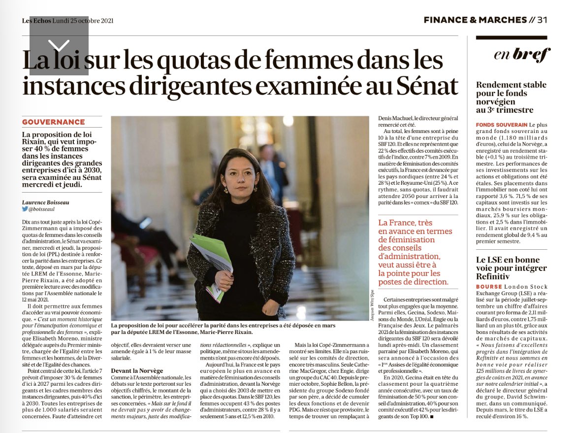 Semaine clé pour la mixité FH: proposition de loi <a href="/RixainMP/">Marie-Pierre Rixain</a> examinée au Sénat ! Pour une gouvernance partagée et performante, et une innovation au niveau mondial 🇫🇷 <a href="/1ElisaMoreno/">Élisabeth Moreno</a> <a href="/egalite_gouv/">Ministère chargé de l'Égalité</a>