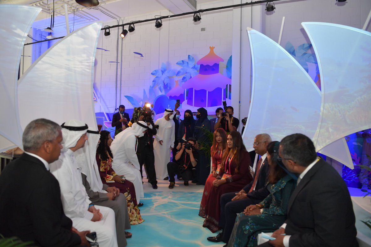 presidencymv's tweet photo. President @ibusolih and First Lady Fazna Ahmed tour the Maldivian Pavilion and the UAE Pavilion at Dubai Expo 2020 https://t.co/VS5VfZ2PcP