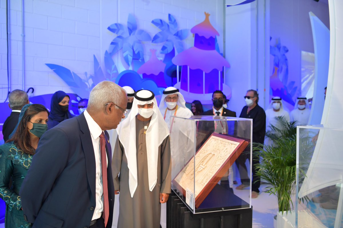 presidencymv's tweet photo. President @ibusolih and First Lady Fazna Ahmed tour the Maldivian Pavilion and the UAE Pavilion at Dubai Expo 2020 https://t.co/VS5VfZ2PcP