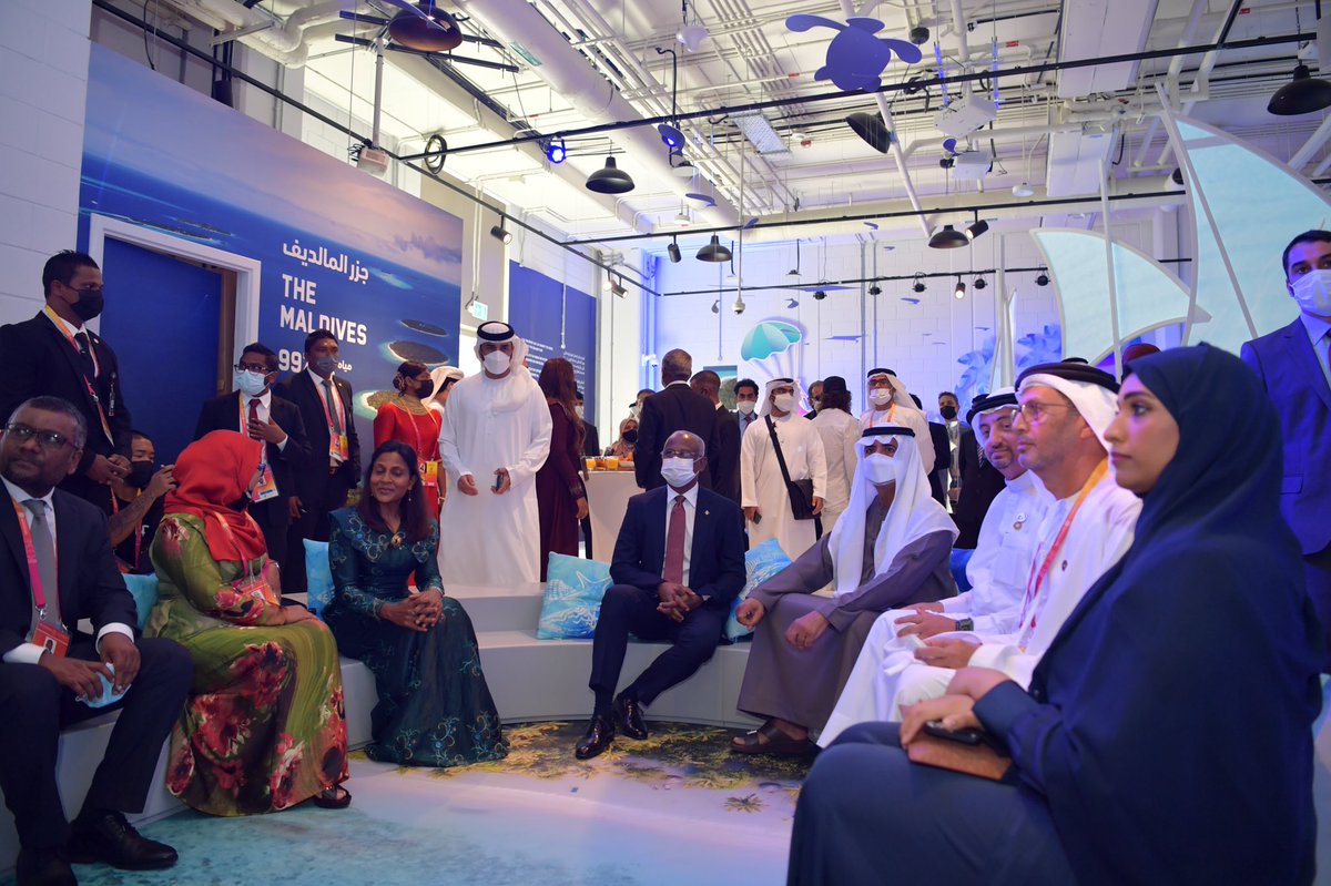 presidencymv's tweet photo. President @ibusolih and First Lady Fazna Ahmed tour the Maldivian Pavilion and the UAE Pavilion at Dubai Expo 2020 https://t.co/VS5VfZ2PcP