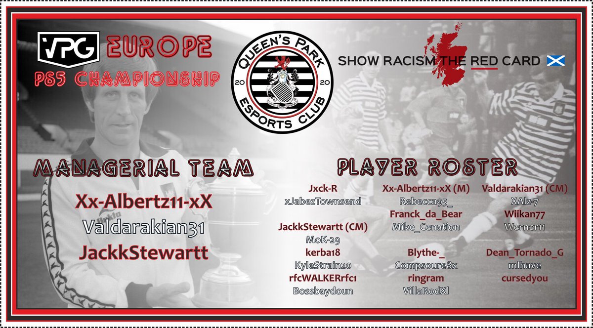 QueensParkESC's tweet photo. We are excited to announce our Squad List for the season, for our entries into the @OfficialVPG PS5 EU Championship and ENG Premier League campaigns!

@QP_eSC_PS5 
@SRtRCScotland 
#ShowRacismTheRedCard 

🕷 Allez Les Hoops 🕷 https://t.co/daBWCRDNqQ