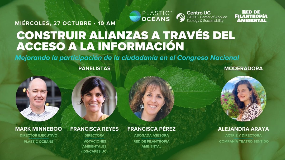 📅27/10, 10h | Webinar: Construir alianzas a través del acceso a la información
Conversación sobre cómo el acceso a la información es clave para aumentar la participación ciudadana en procesos legislativos. Organiza: @PlasticOceansCL  

Inscripciones: bit.ly/3G58Ci4