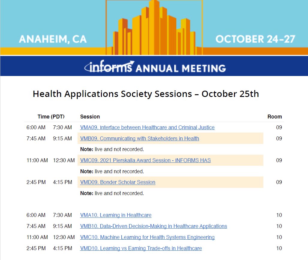 informshas's tweet image. Here are today&apos;s #informs2021 sessions in the #healthapplications track.  Hope everyone has a great day 2 of the conference! #orms