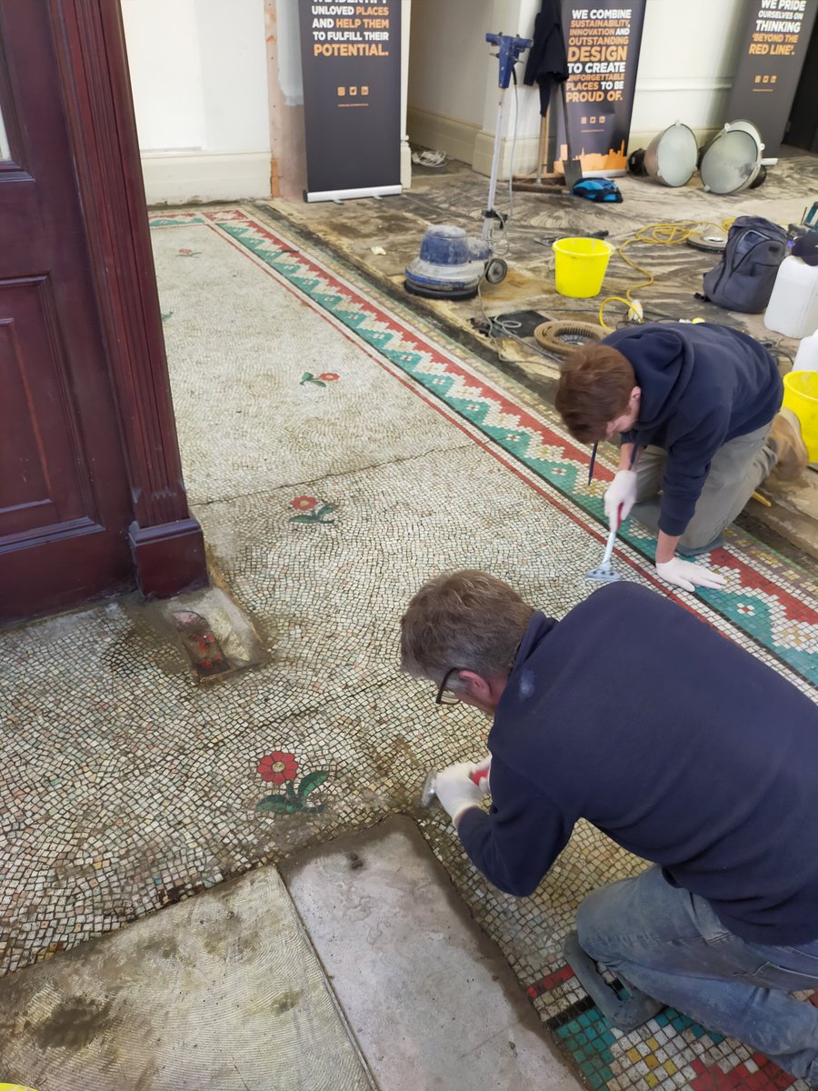 Cordia_UK's tweet photo. Today the mosaic restoration process started in the former @LloydsBank banking hall of our head office on Great Hampton Street. Look at the incredible results the team at @MosaicRestor have got within the first few hours! #JesseRust #heritage https://t.co/VlR2a48c8B