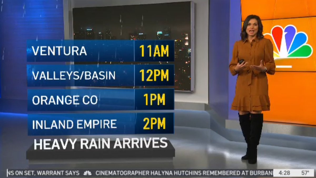 BelenNBCLA's tweet photo. The workweek kicks off with rain 🌧️It's our first big storm of the season and it could cause a big impact on the roads 🚗Here's an estimate of when the heaviest rain arrives in each region. Please be safe behind the wheel and never travel through flooded roads. @nbcla https://t.co/cqbVWIk9II