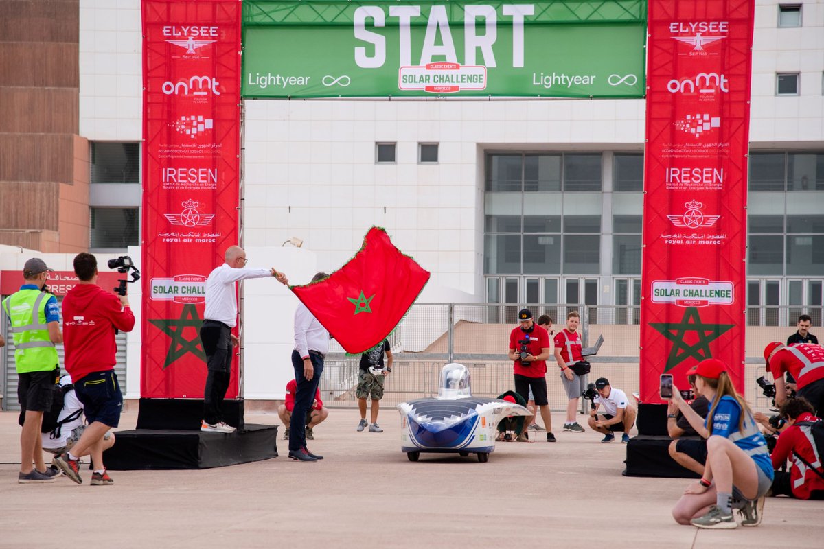 iDirect's tweet photo. And they're off! The @solarteam_be #BluePointAtlas car starts third from the Agadir Football Stadium. They’ll aim to catch up with the other two leading teams today. We’ll keep you posted as the race unfolds. Stay tuned! @Kymeta @Intelsat #satellite #connectivity https://t.co/PebhLLphoZ