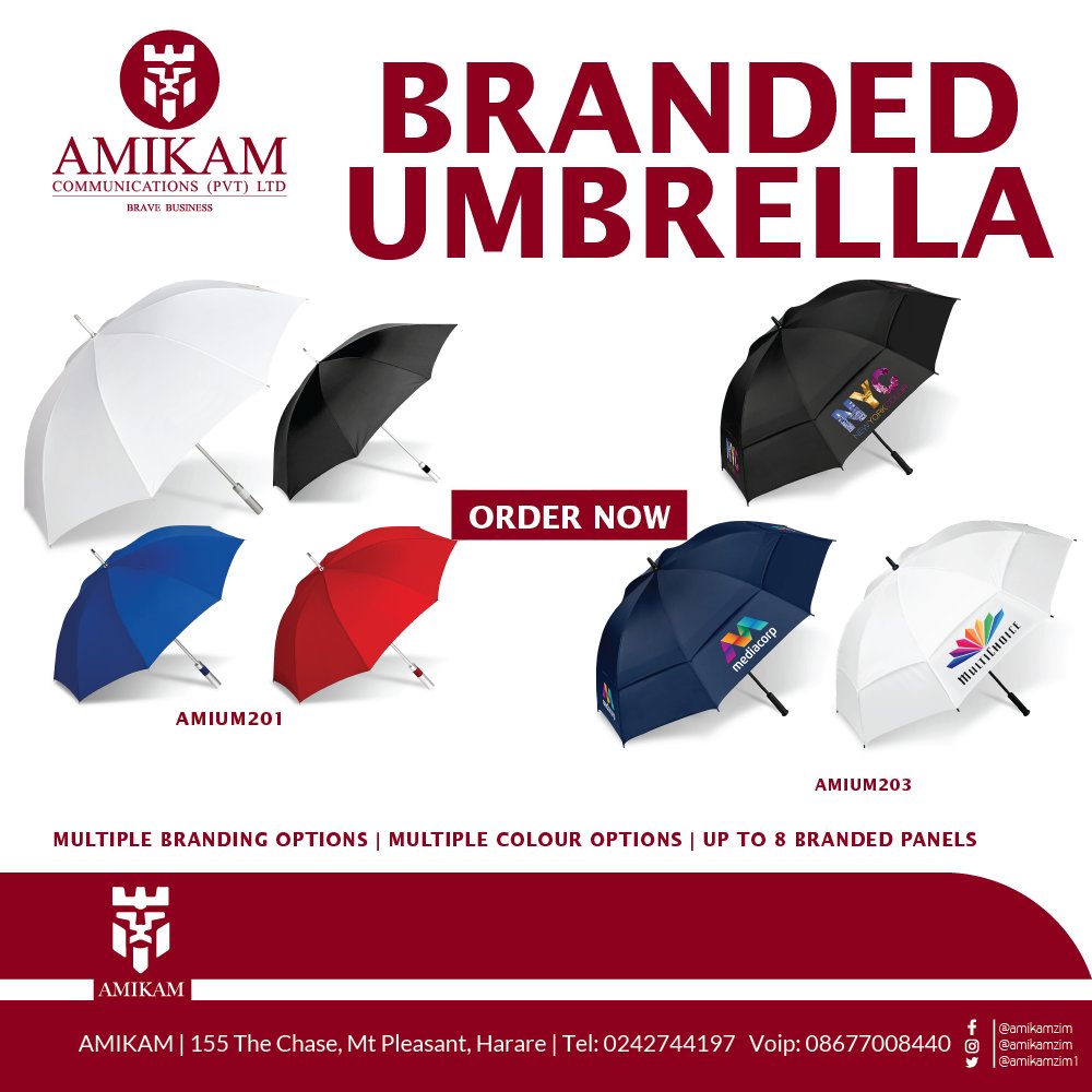 Umbrella Season is here. Order your custom branded Umbrellas TODAY! #amikamzw #branding  #rain #umbrella #Zimbabwe #Harare #rainyseason #Weather  #sun