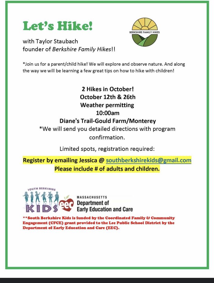 south_kids's tweet photo. LET’S HIKE! with Taylor from Berkshire Family Hikes! Tuesday, 10/26
Diane's Trail/Gould Farm in Monterey @ 10am. email Jess at southberkshirekids@gmail.com to register. #fallintheberkshires #hikingwithkids #eec #cfce https://t.co/alXK44U5Zb