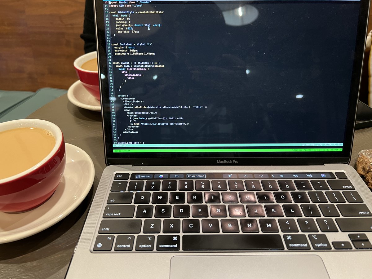 joshowens's tweet photo. First day of funemployment and I’m working on a new @GatsbyJS training course at the coffee shop. So excited! https://t.co/nHio6zGCa6