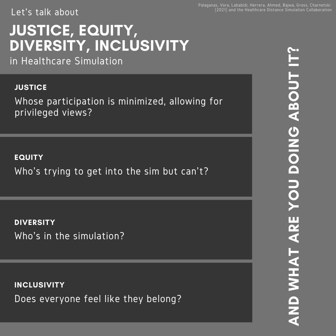 JCPalaganas's tweet photo. Have you examined your own justice, equity, diversity, and inclusivity in your simulation practice? -A product of the 2021 Annual Healthcare Distance Simulation Collaboration Summit #distancesim #inclusivespaces @RamiAhmedDO @SIMmdcharnetski @IsabelTGross @s921v @dredgarherrera https://t.co/Q35CALPEgF