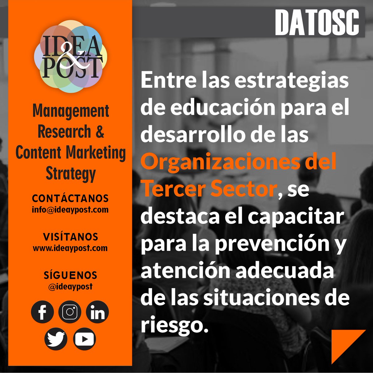 ideaypost's tweet image. Las organizaciones del tercer sector en todo momento desarrollan procesos de capacitación, para el fortalecimiento de las comunidades.

Síguenos en @ideaypost o visita nuestro #blog en ideaypost.com y conoce más #datosc sobre el Tercer Sector.

#ideaypost  #tercersector
