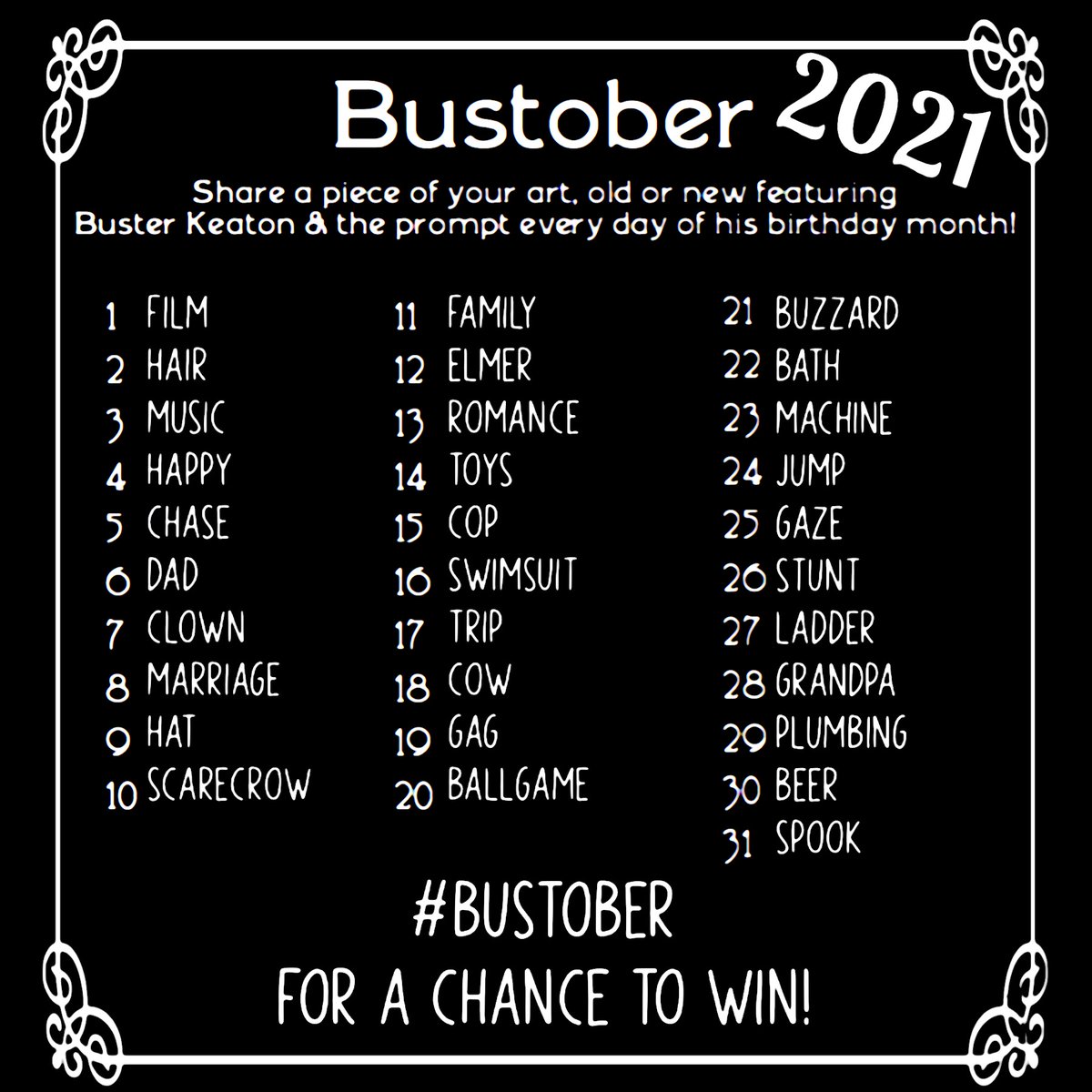 BusterKeatonSoc's tweet photo. It’s Day 25 of our annual #artcontest #Bustober &amp; today’s prompt is: GAZE
To find out how you can take part and to see all the entries so far, go to https://t.co/KHuuIByoNX 
#BusterKeaton https://t.co/HgpGmtaKR2