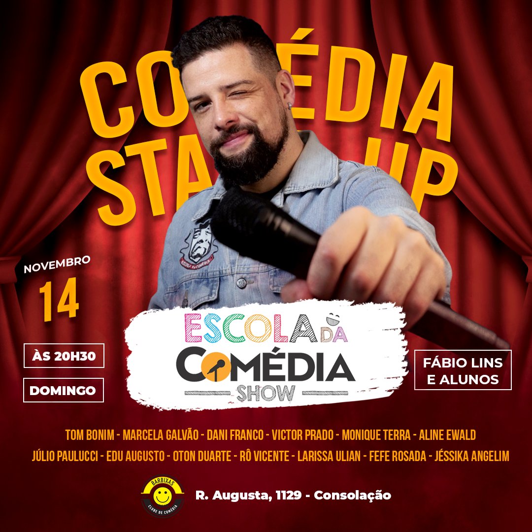 fabiolinsreal's tweet photo. VAMOS?

Após o sucesso na primeira edição, seguimos com o segundo show do @escoladacomedia no @clubebarbixas dia 14 de novembro! Elenco massa demais! Ingressos no link!

#escoladacomedia #standup #comediastandup #clubebarbixas #consolação #ruaaugusta https://t.co/02ewVZ3B9O