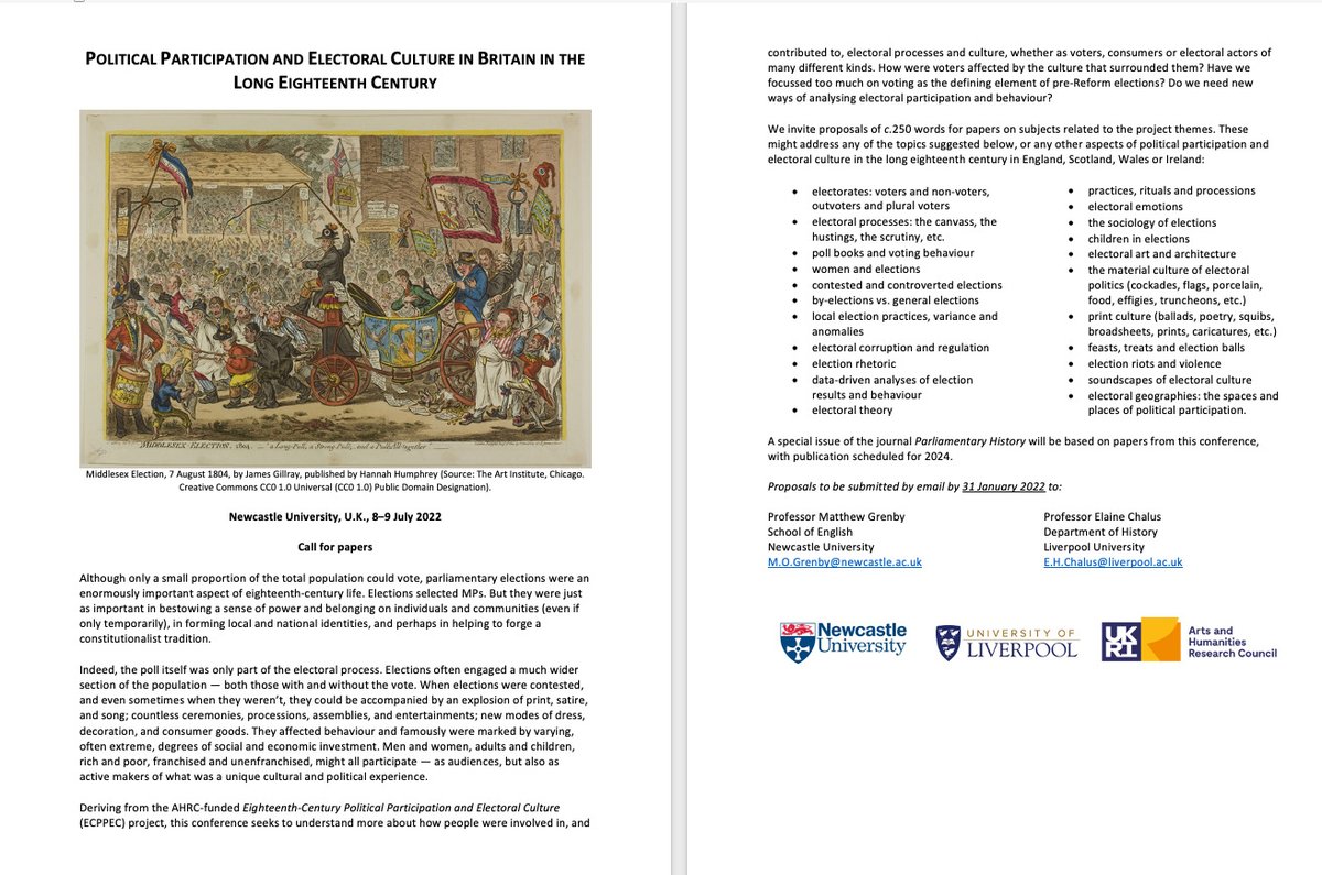 Prof Elaine Chalus (@ehchalus) on Twitter photo Call for papers. Historians of 18C politics, political participation and electoral culture, do come and join us in person in Newcastle 8-9 July 2022. #twitterstorians <a href="/ECPPEC_Project/">18thC Political Participation & Electoral Culture</a> Call for papers. Historians of 18C politics, political participation and electoral culture, do come and join us in person in Newcastle 8-9 July 2022. #twitterstorians <a href="/ECPPEC_Project/">18thC Political Participation & Electoral Culture</a>