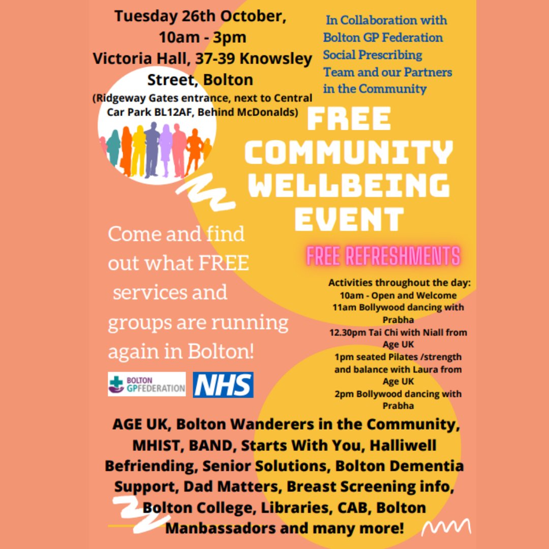 Don't forget the free Community Wellbeing Event taking place tomorrow at Victoria Hall from 10am-3pm. Come along to find out what free services and groups are running again in Bolton-there are so many! See the poster for the full programme. ⬇️